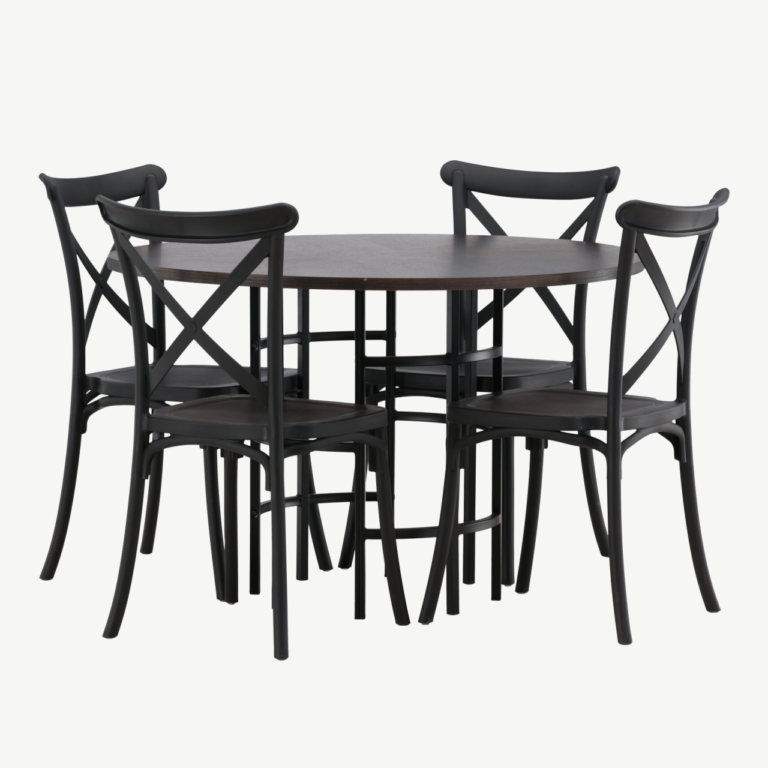 Ümmargune mokkavärvi söögilauakomplekt Copenhagen (MDF laud, mustad plasttoolid, ø115 cm) - GR23197