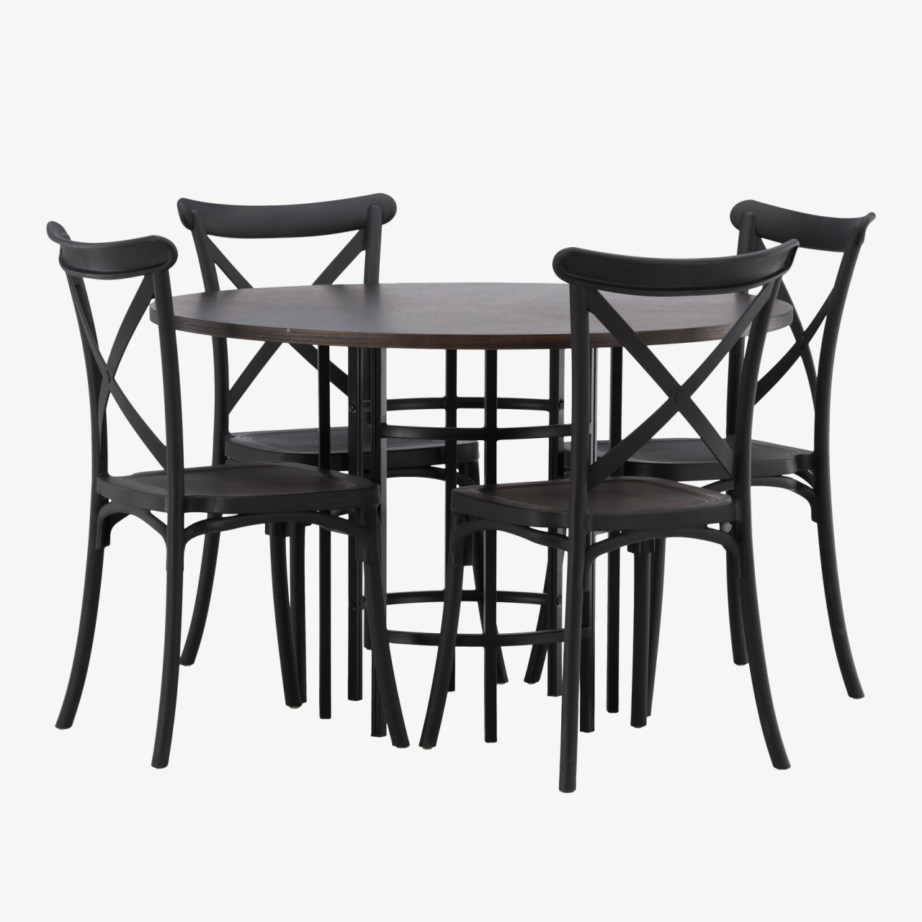 Ümmargune mokkavärvi söögilauakomplekt Copenhagen (MDF laud, mustad plasttoolid, ø115 cm), GR23197 – 6