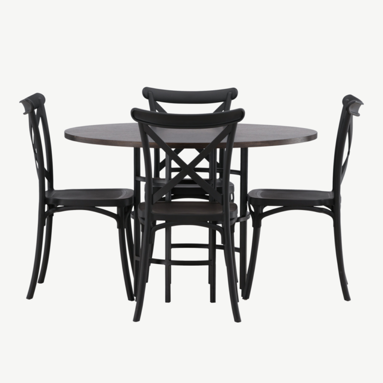 Ümmargune mokkavärvi söögilauakomplekt Copenhagen (MDF laud, mustad plasttoolid, ø115 cm) - GR23197