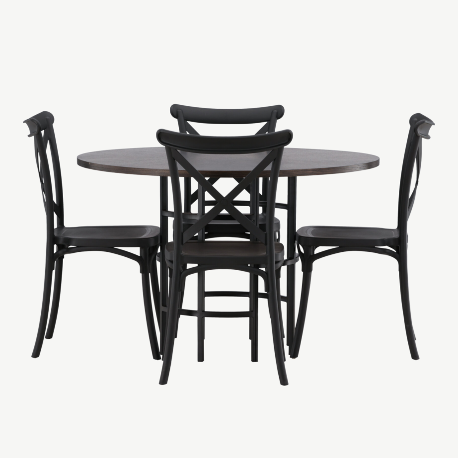 Ümmargune mokkavärvi söögilauakomplekt Copenhagen (MDF laud, mustad plasttoolid, ø115 cm), GR23197 – 7