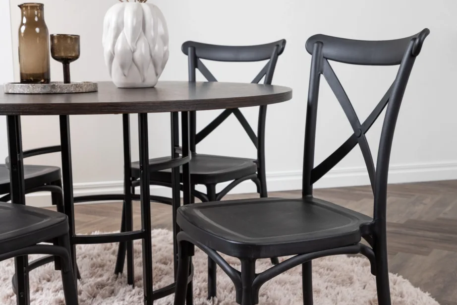 Ümmargune mokkavärvi söögilauakomplekt Copenhagen (MDF laud, mustad plasttoolid, ø115 cm), GR23197 – 9