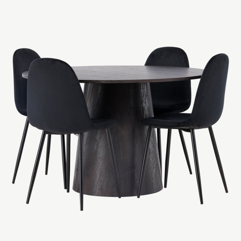 Ümmargune mokkavärvi söögilaud Lanzo ja mustad velvetkattega toolid Polar (diameeter 120 cm) - GR23487