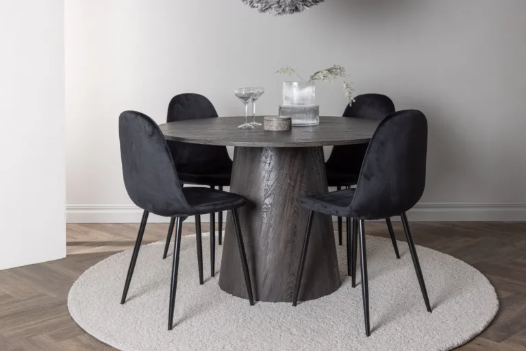 Ümmargune mokkavärvi söögilaud Lanzo ja mustad velvetkattega toolid Polar (diameeter 120 cm) - GR23487