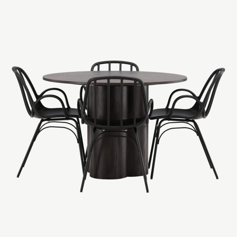 Ümmargune mokkavärvi söögilaud Olivia ja mustad Dyrön toolid, GR23080 – 2