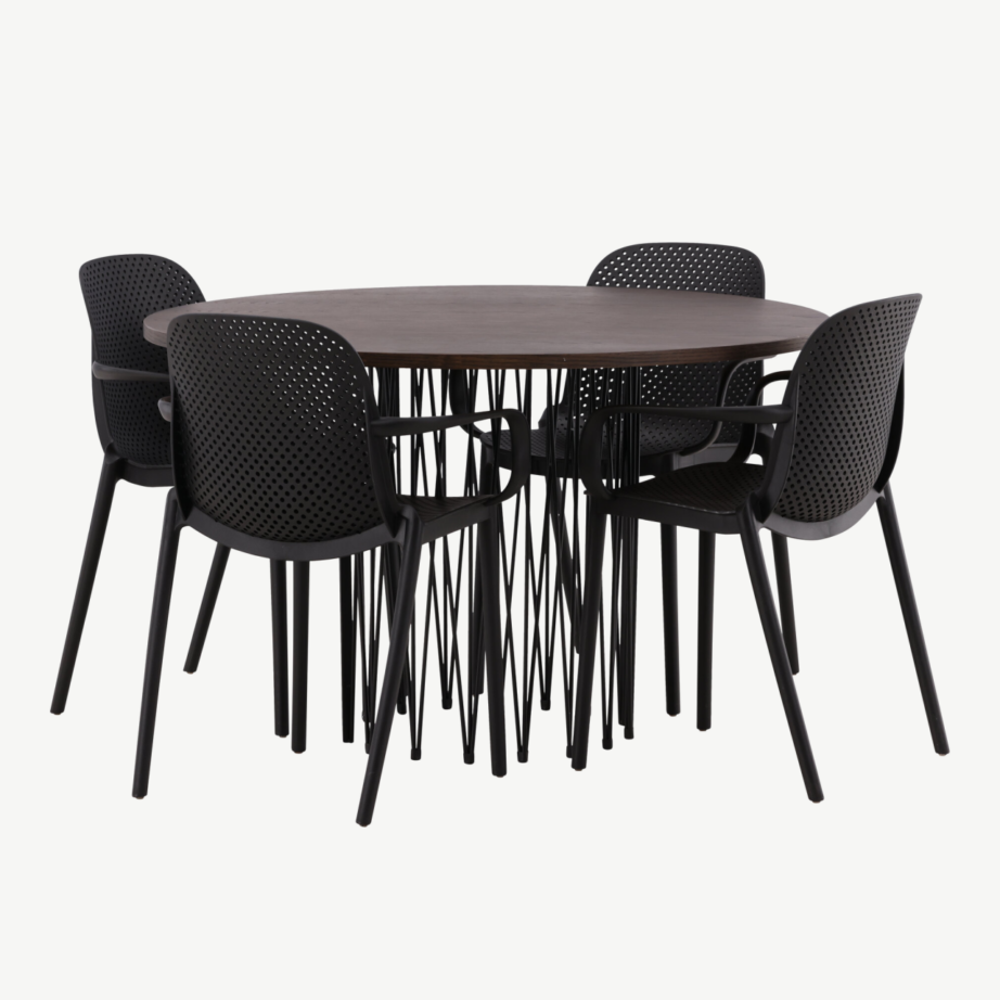 Ümmargune mokkavärvi söögilaud Stone ja mustad plastiktoolid Baltimore, GR23019 – 3