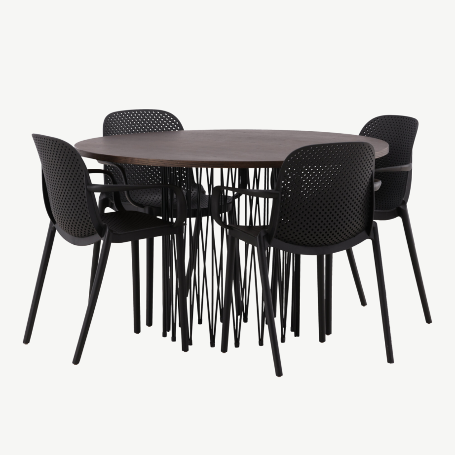 Ümmargune mokkavärvi söögilaud Stone ja mustad plastiktoolid Baltimore, GR23019 – 4