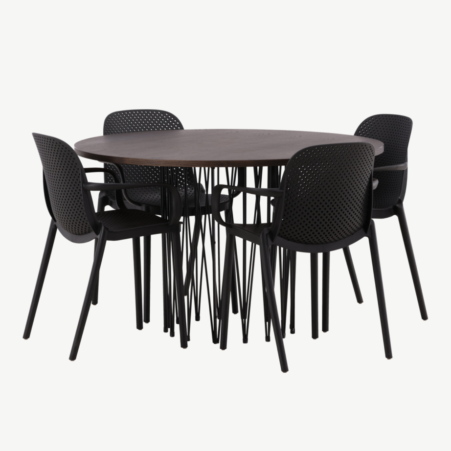 Ümmargune mokkavärvi söögilaud Stone ja mustad plastiktoolid Baltimore, GR23019 – 6