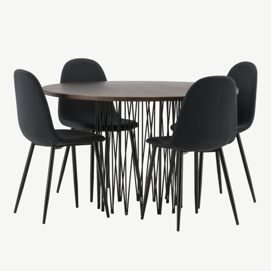 Ümmargune mokkavineeriga söögilaud Stone ja 4 musta polsterdatud tooli Polar, GR22844 – 4