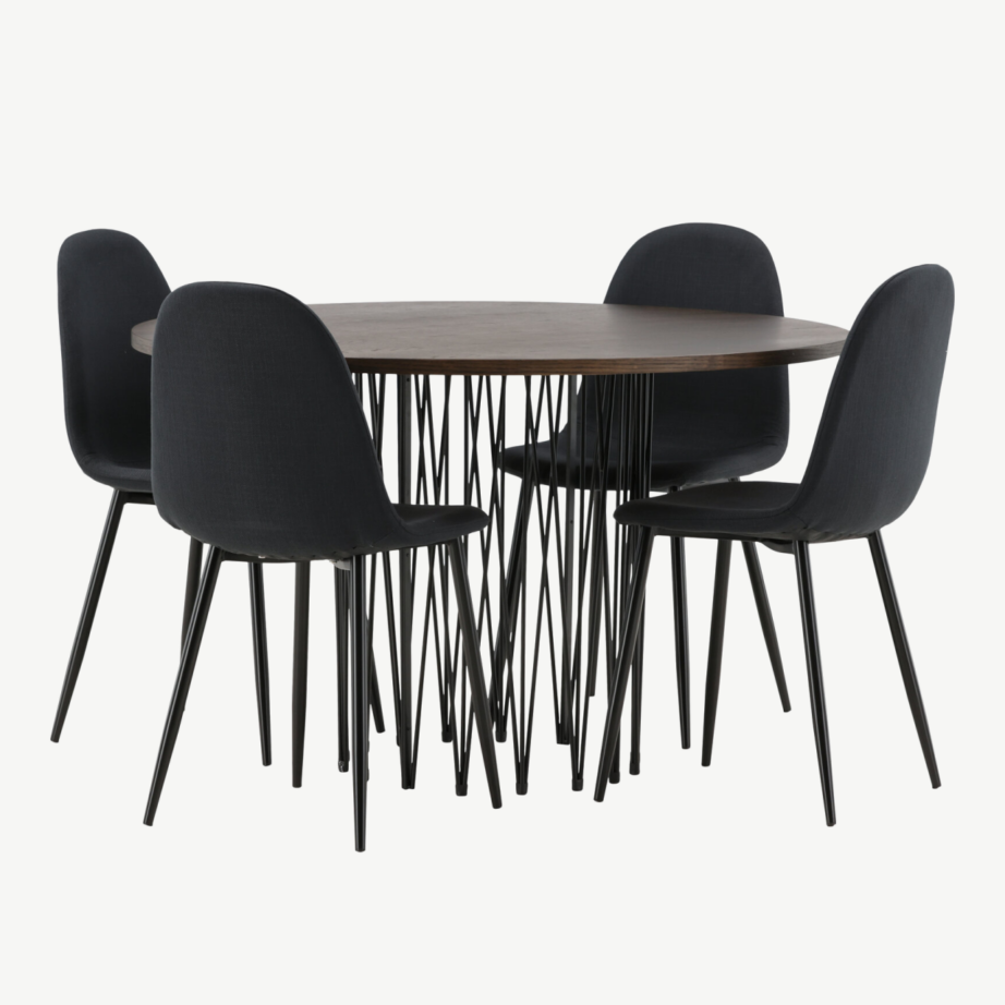 Ümmargune mokkavineeriga söögilaud Stone ja 4 musta polsterdatud tooli Polar, GR22844