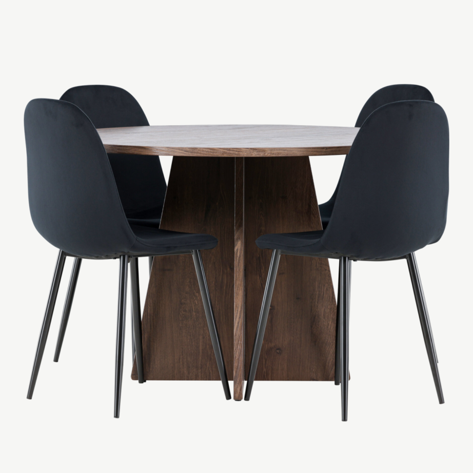 Ümmargune mokkjas söögilaud Bootcut ja 4 musta sametist Polar tooli komplekt, GR24396 – 2