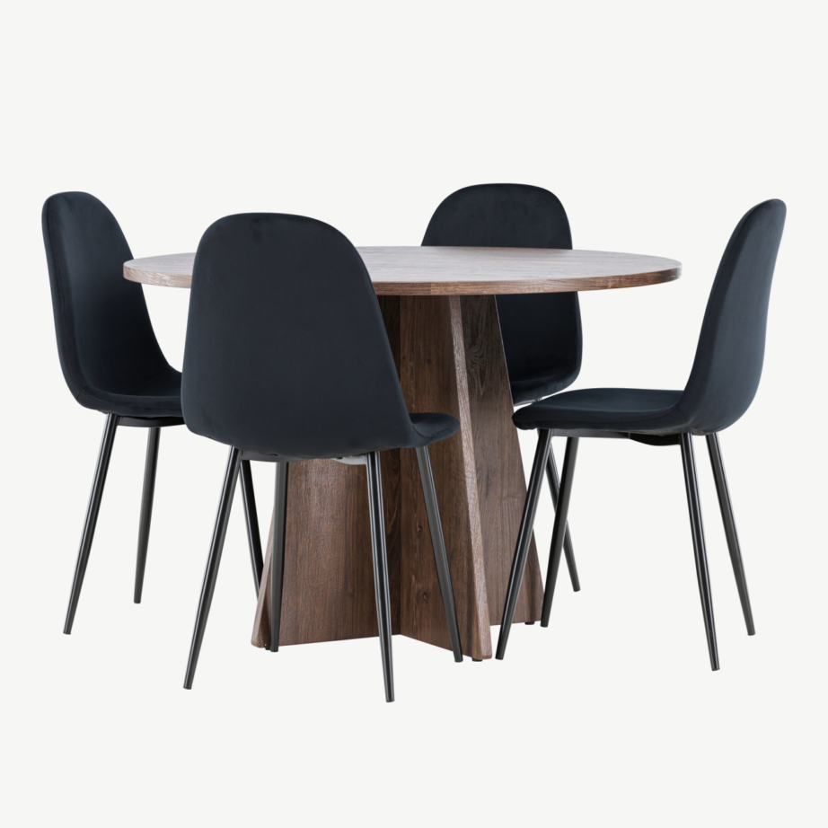 Ümmargune mokkjas söögilaud Bootcut ja 4 musta sametist Polar tooli komplekt, GR24396 – 4