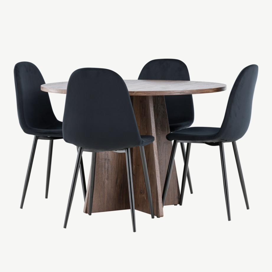 Ümmargune mokkjas söögilaud Bootcut ja 4 musta sametist Polar tooli komplekt, GR24396 – 6