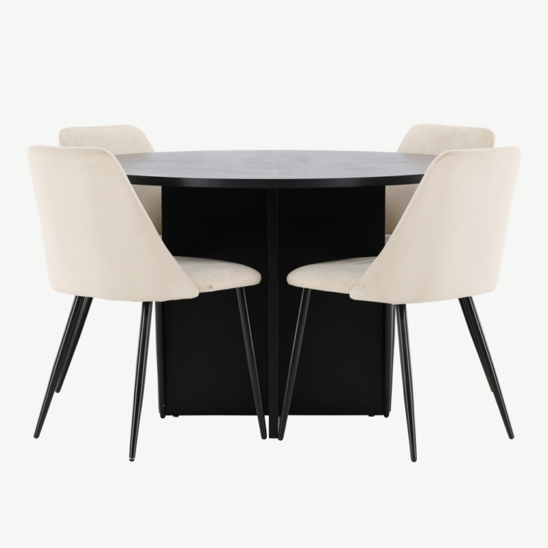 Ümmargune must pikendatav söögilaud toolidega: Strada laud (⌀120/170 cm) ja 4 beeži velvettooli (Night) - GR24729