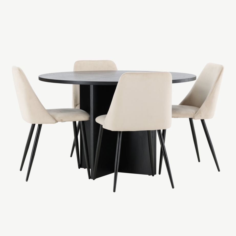 Ümmargune must pikendatav söögilaud toolidega: Strada laud (⌀120/170 cm) ja 4 beeži velvettooli (Night), GR24729 – 2
