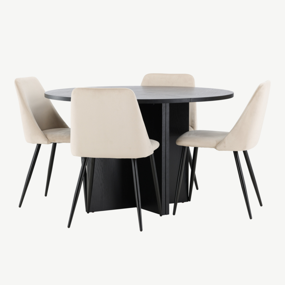 Ümmargune must pikendatav söögilaud toolidega: Strada laud (⌀120/170 cm) ja 4 beeži velvettooli (Night), GR24729 – 3