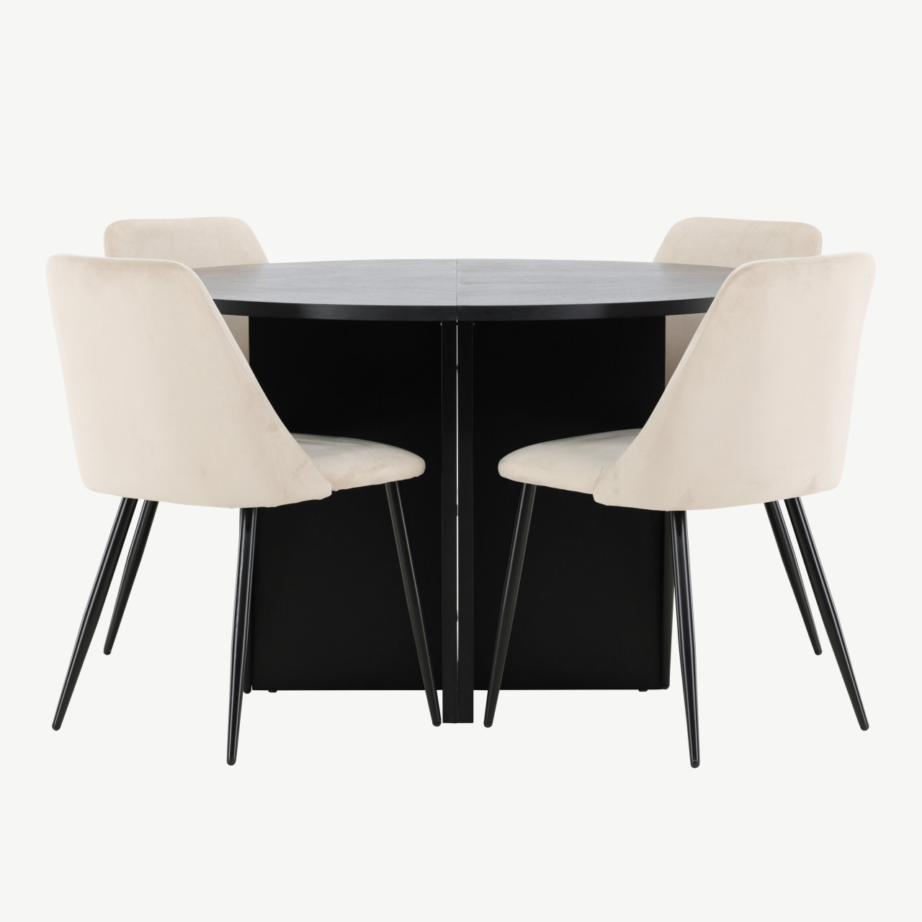 Ümmargune must pikendatav söögilaud toolidega: Strada laud (⌀120/170 cm) ja 4 beeži velvettooli (Night), GR24729 – 4