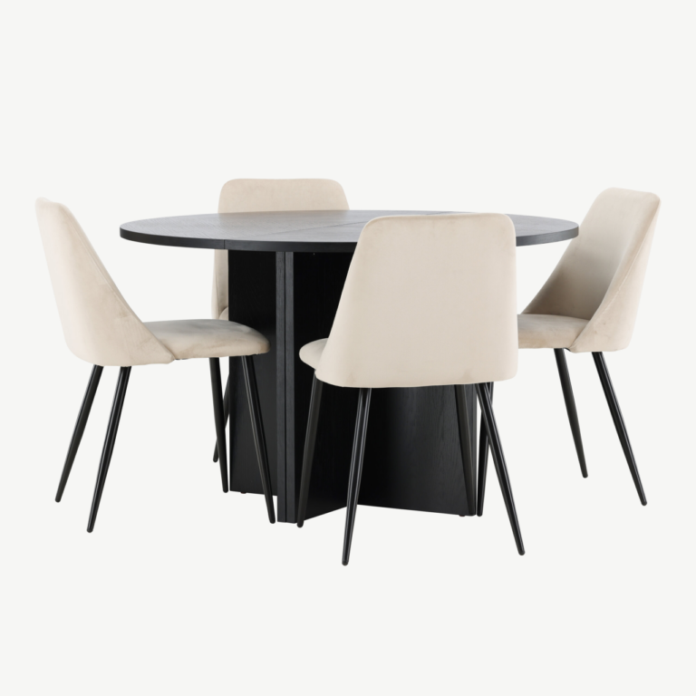 Ümmargune must pikendatav söögilaud toolidega: Strada laud (⌀120/170 cm) ja 4 beeži velvettooli (Night) - GR24729