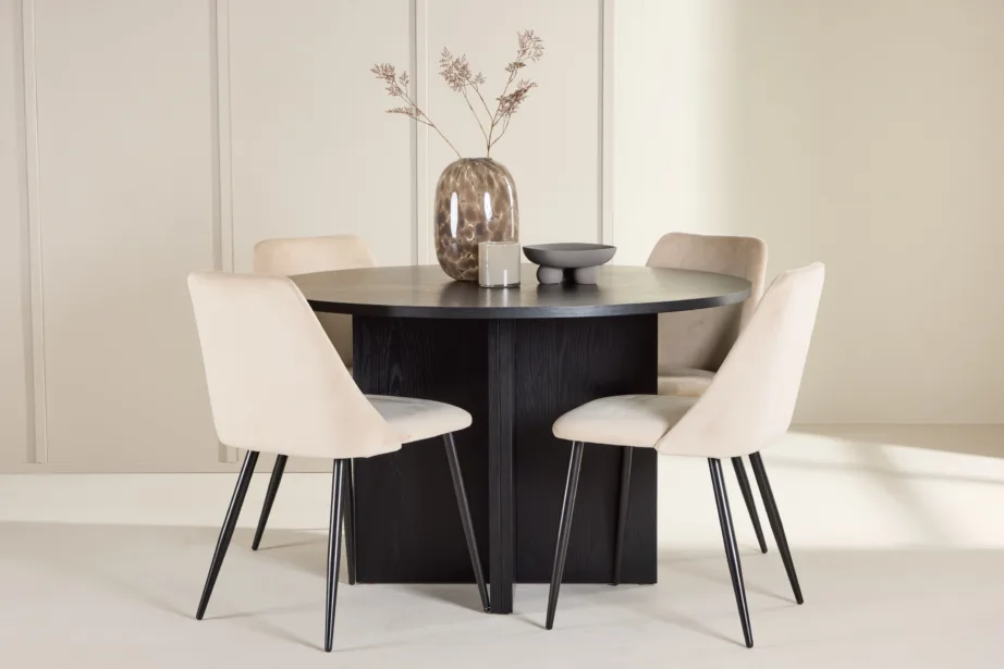 Ümmargune must pikendatav söögilaud toolidega: Strada laud (⌀120/170 cm) ja 4 beeži velvettooli (Night), GR24729 – 8
