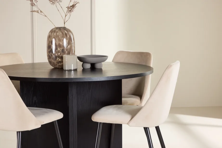 Ümmargune must pikendatav söögilaud toolidega: Strada laud (⌀120/170 cm) ja 4 beeži velvettooli (Night), GR24729 – 9