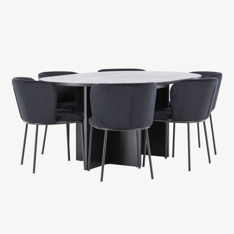 Ümmargune must söögilauakomplekt – pikendatav Strada laud (⌀120/170 cm) ja 6 musta velvetkattega Edina tooli, GR24726 – 2