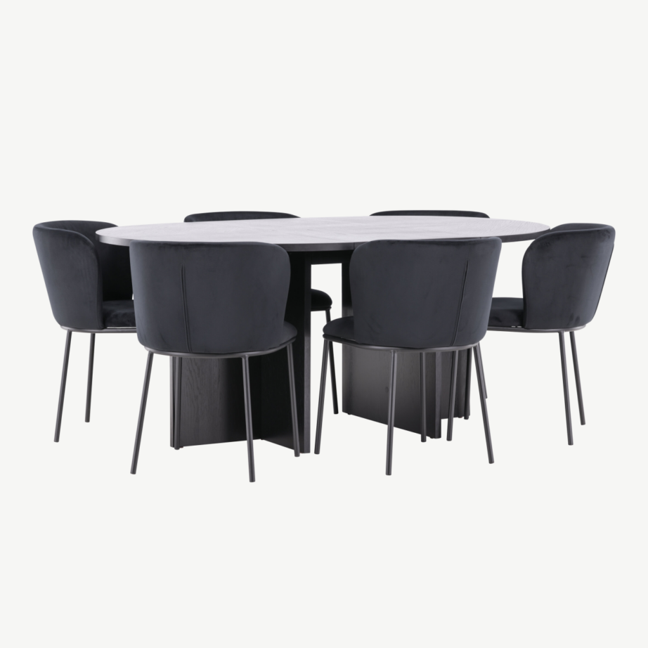 Ümmargune must söögilauakomplekt – pikendatav Strada laud (⌀120/170 cm) ja 6 musta velvetkattega Edina tooli, GR24726 – 3