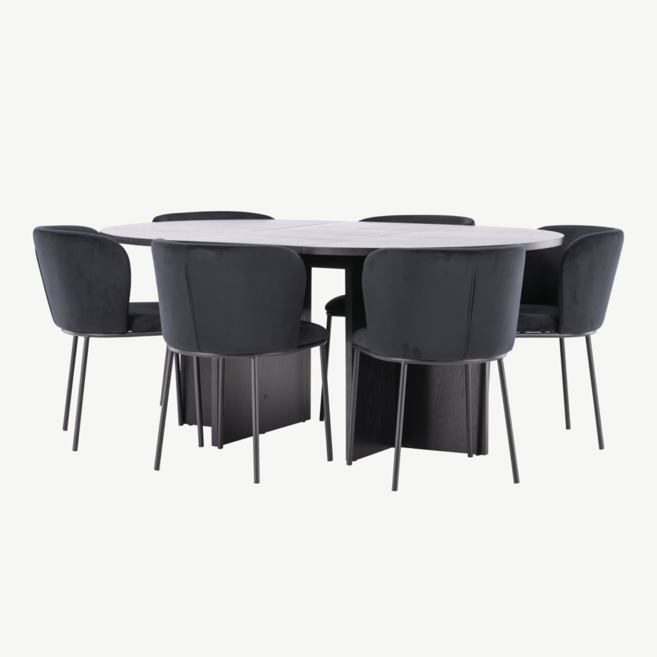 Ümmargune must söögilauakomplekt – pikendatav Strada laud (⌀120/170 cm) ja 6 musta velvetkattega Edina tooli, GR24726 – 5