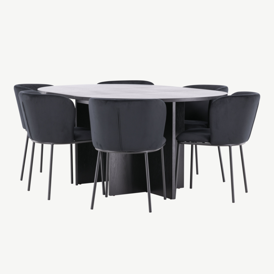 Ümmargune must söögilauakomplekt – pikendatav Strada laud (⌀120/170 cm) ja 6 musta velvetkattega Edina tooli, GR24726 – 6