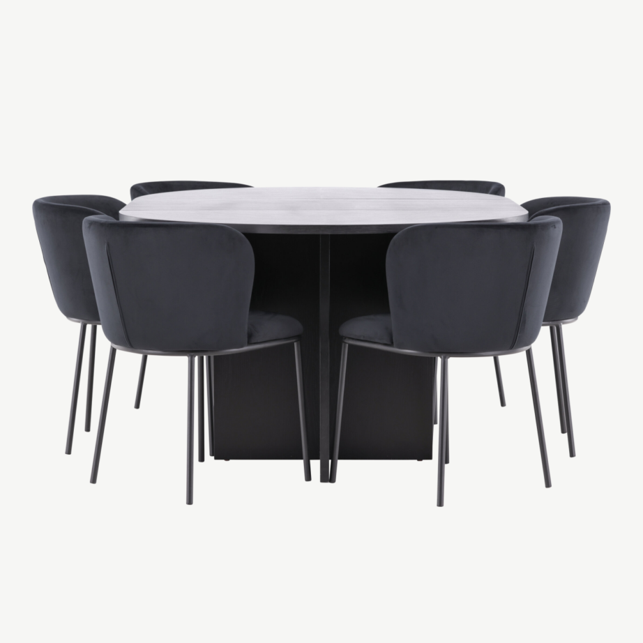 Ümmargune must söögilauakomplekt – pikendatav Strada laud (⌀120/170 cm) ja 6 musta velvetkattega Edina tooli, GR24726 – 7