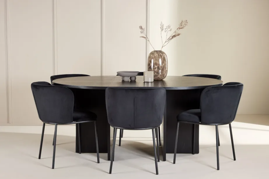 Ümmargune must söögilauakomplekt – pikendatav Strada laud (⌀120/170 cm) ja 6 musta velvetkattega Edina tooli, GR24726 – 8