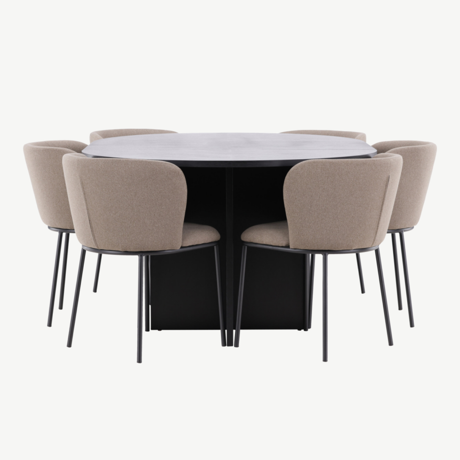 Ümmargune must söögilauakomplekt – pikendatav laud ⌀120/170 cm ja 6 pruuni linase kattega tooli (Strada, Edina), GR24728