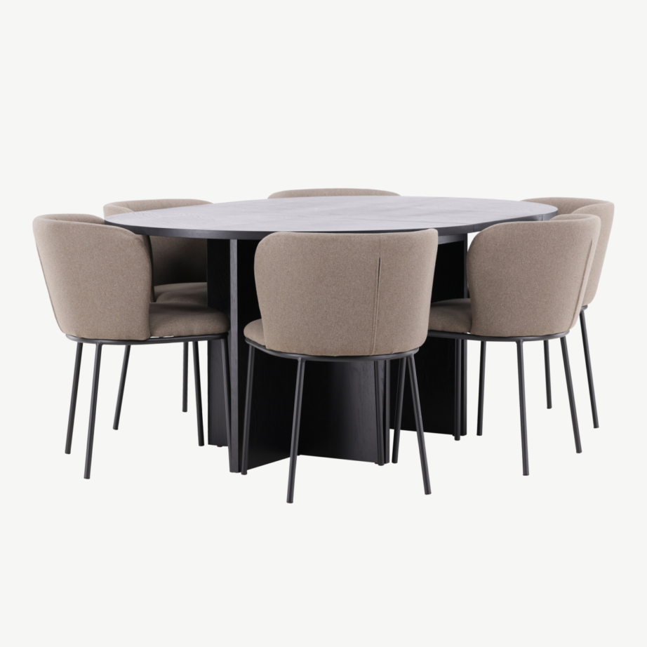 Ümmargune must söögilauakomplekt – pikendatav laud ⌀120/170 cm ja 6 pruuni linase kattega tooli (Strada, Edina), GR24728 – 2