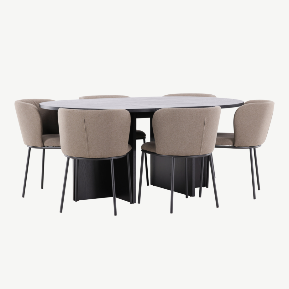 Ümmargune must söögilauakomplekt – pikendatav laud ⌀120/170 cm ja 6 pruuni linase kattega tooli (Strada, Edina), GR24728 – 3