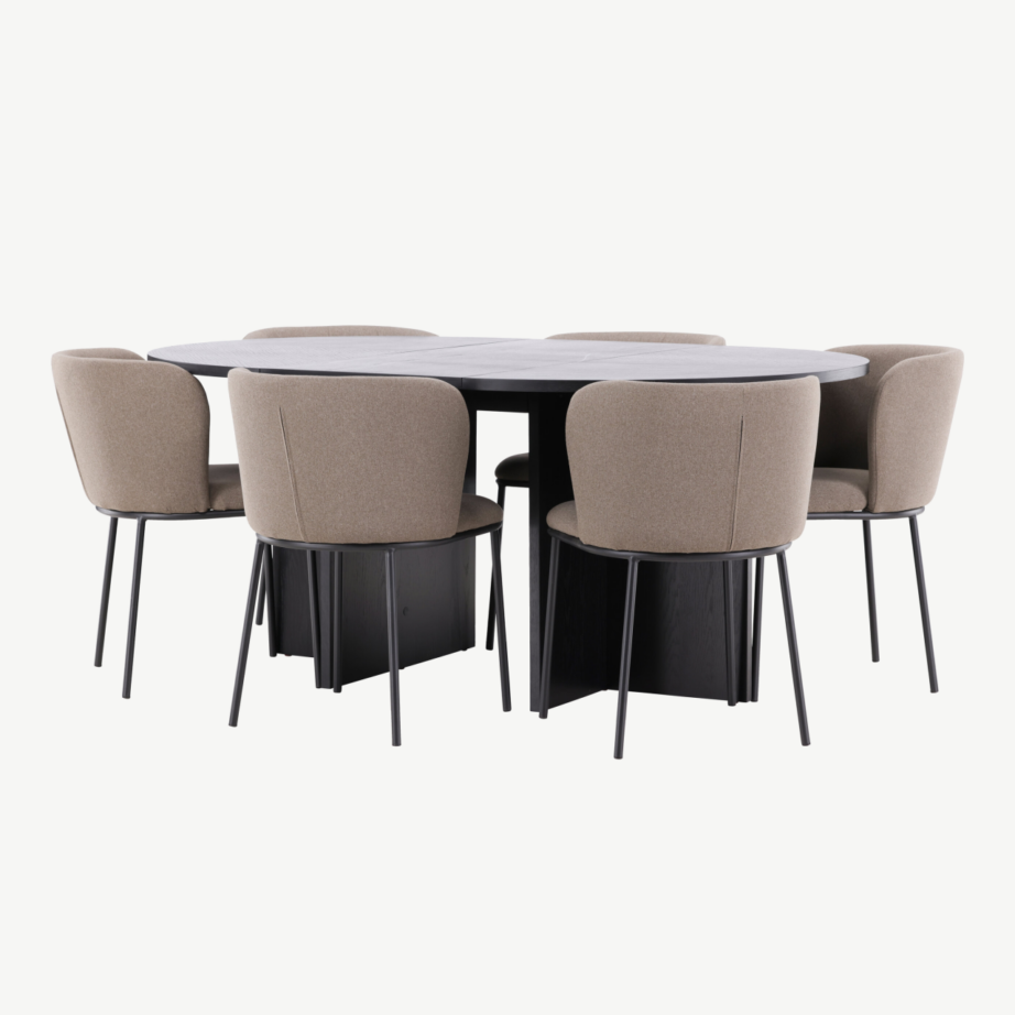 Ümmargune must söögilauakomplekt – pikendatav laud ⌀120/170 cm ja 6 pruuni linase kattega tooli (Strada, Edina), GR24728 – 5