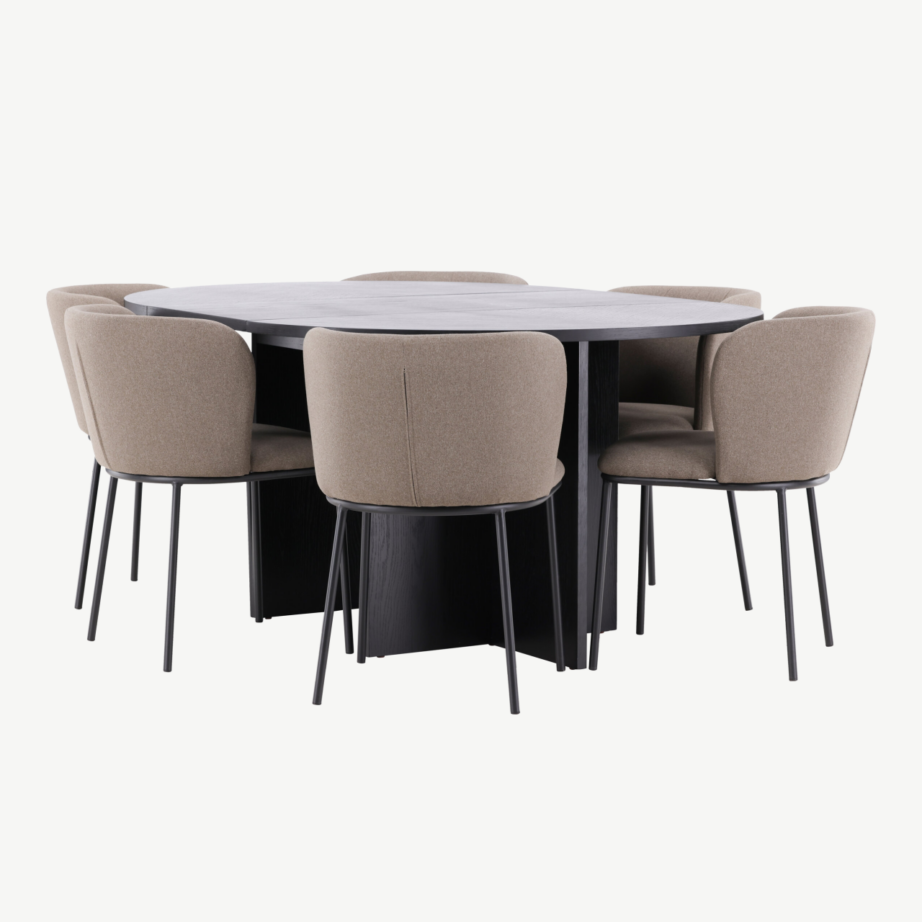 Ümmargune must söögilauakomplekt – pikendatav laud ⌀120/170 cm ja 6 pruuni linase kattega tooli (Strada, Edina), GR24728 – 6