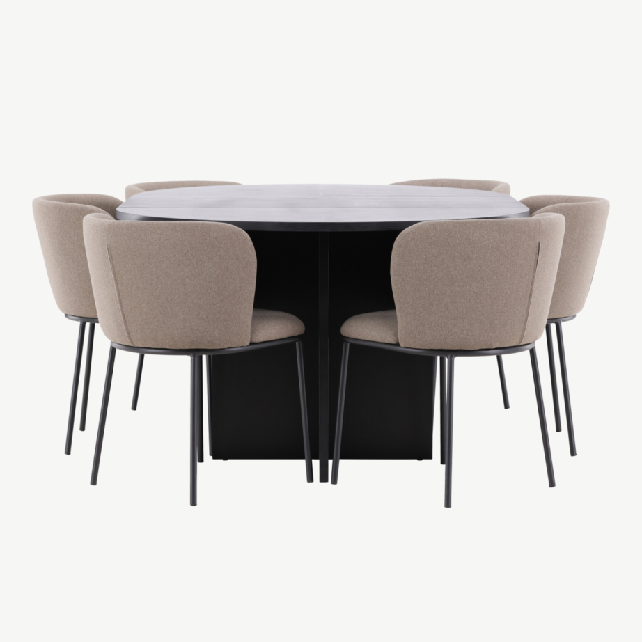 Ümmargune must söögilauakomplekt – pikendatav laud ⌀120/170 cm ja 6 pruuni linase kattega tooli (Strada, Edina), GR24728 – 7