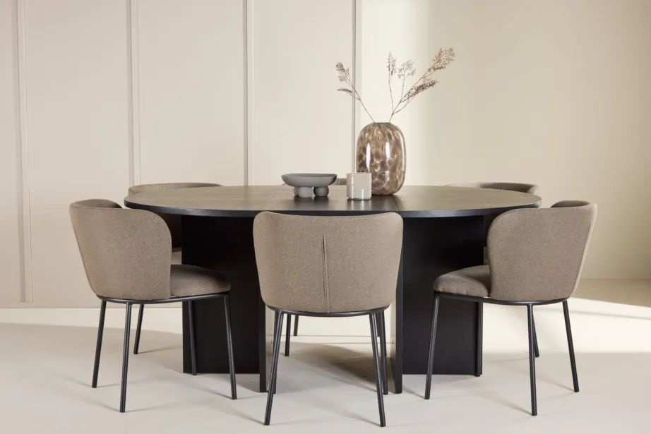 Ümmargune must söögilauakomplekt – pikendatav laud ⌀120/170 cm ja 6 pruuni linase kattega tooli (Strada, Edina), GR24728 – 8