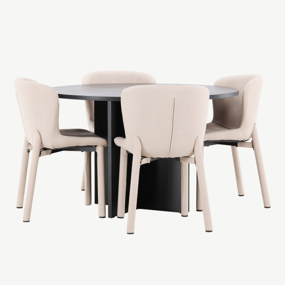 Ümmargune must söögilauakomplekt beežide toolidega: Strada (ø120/170 cm) ja 4 Astoria buklee tooli, GR24733 – 2