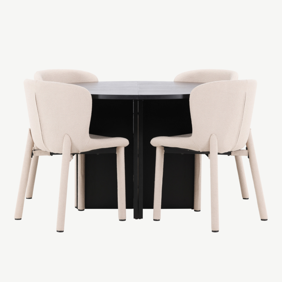 Ümmargune must söögilauakomplekt beežide toolidega: Strada (ø120/170 cm) ja 4 Astoria buklee tooli, GR24733 – 4