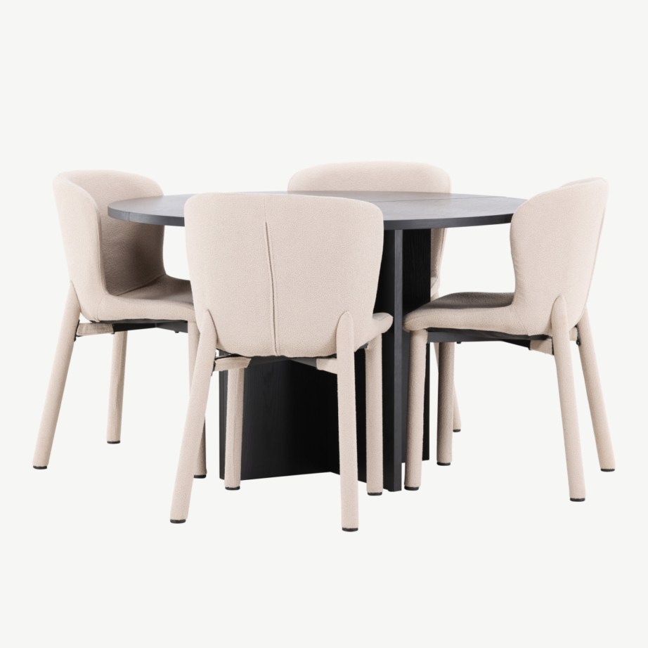 Ümmargune must söögilauakomplekt beežide toolidega: Strada (ø120/170 cm) ja 4 Astoria buklee tooli, GR24733 – 6
