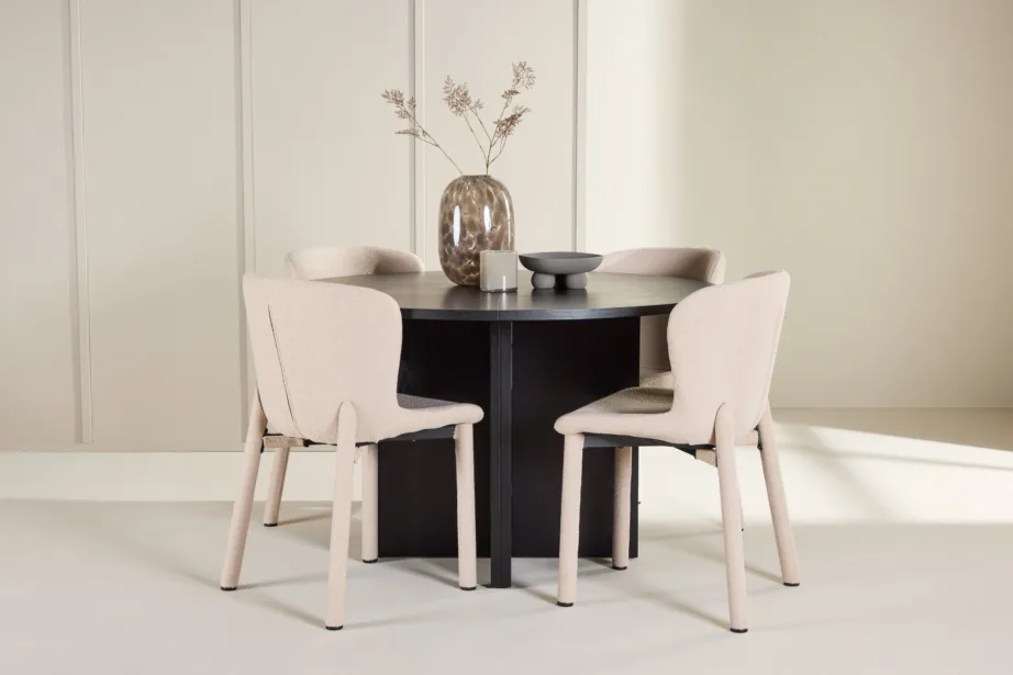 Ümmargune must söögilauakomplekt beežide toolidega: Strada (ø120/170 cm) ja 4 Astoria buklee tooli, GR24733 – 8