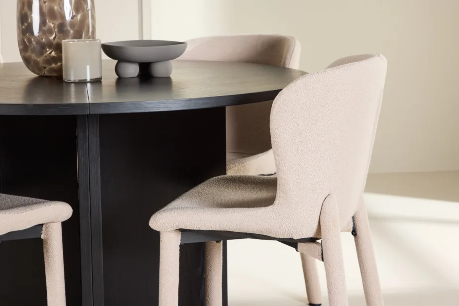 Ümmargune must söögilauakomplekt beežide toolidega: Strada (ø120/170 cm) ja 4 Astoria buklee tooli, GR24733 – 9