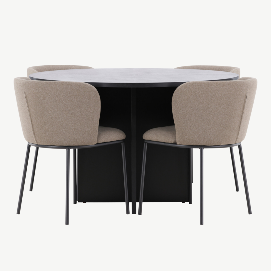 Ümmargune must söögilauakomplekt pikendatava lauaga ⌀120/170 cm ja 4 pruuni polüesterlinase kattega tooli (Strada, Edina), GR24727