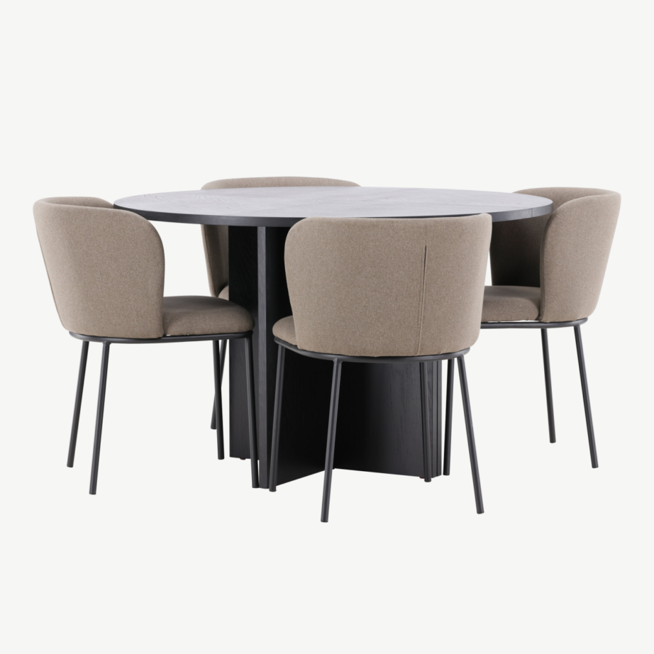 Ümmargune must söögilauakomplekt pikendatava lauaga ⌀120/170 cm ja 4 pruuni polüesterlinase kattega tooli (Strada, Edina), GR24727 – 2