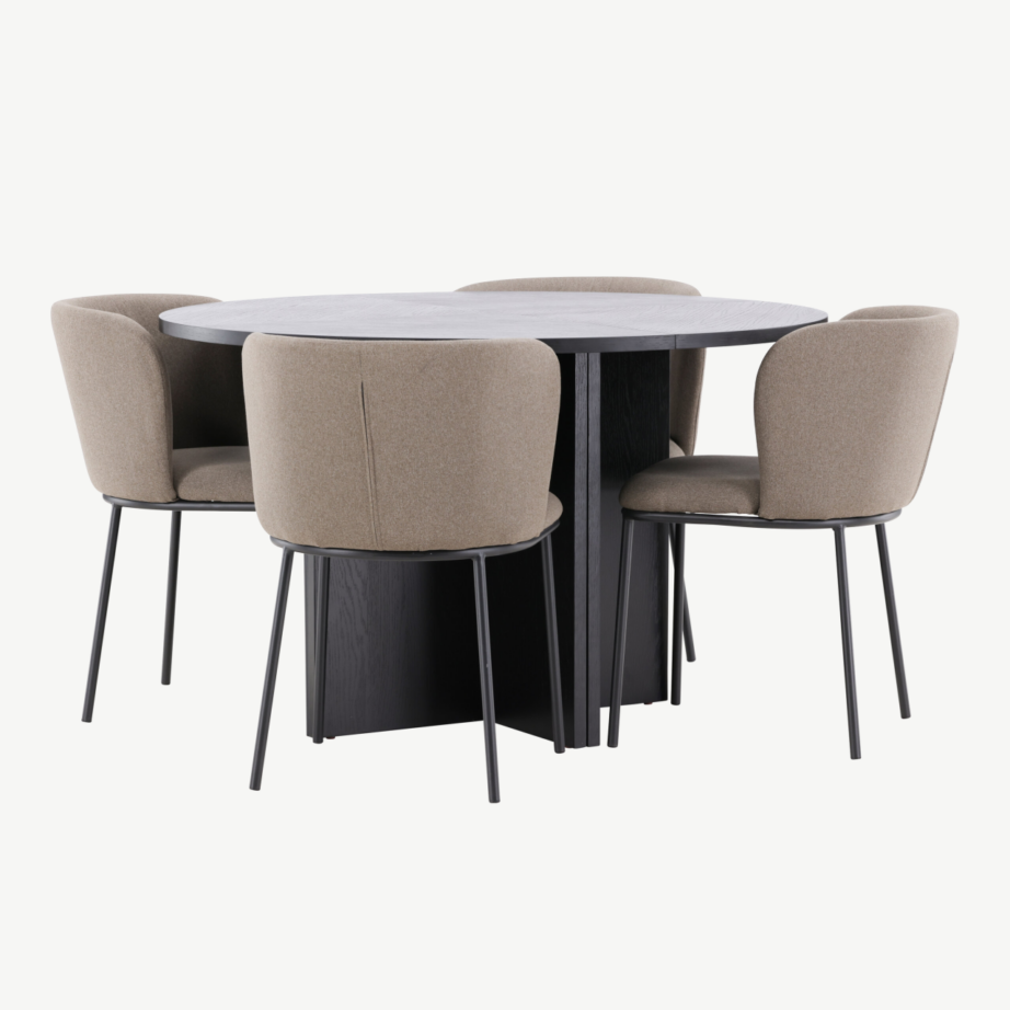 Ümmargune must söögilauakomplekt pikendatava lauaga ⌀120/170 cm ja 4 pruuni polüesterlinase kattega tooli (Strada, Edina), GR24727 – 3