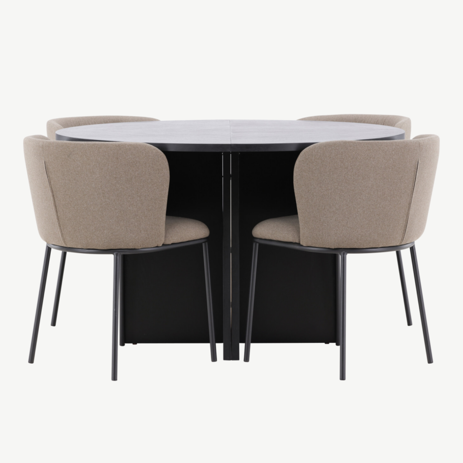 Ümmargune must söögilauakomplekt pikendatava lauaga ⌀120/170 cm ja 4 pruuni polüesterlinase kattega tooli (Strada, Edina), GR24727 – 4