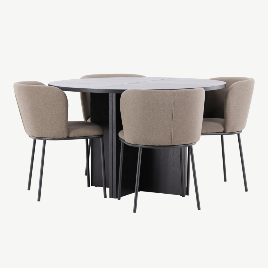 Ümmargune must söögilauakomplekt pikendatava lauaga ⌀120/170 cm ja 4 pruuni polüesterlinase kattega tooli (Strada, Edina), GR24727 – 5