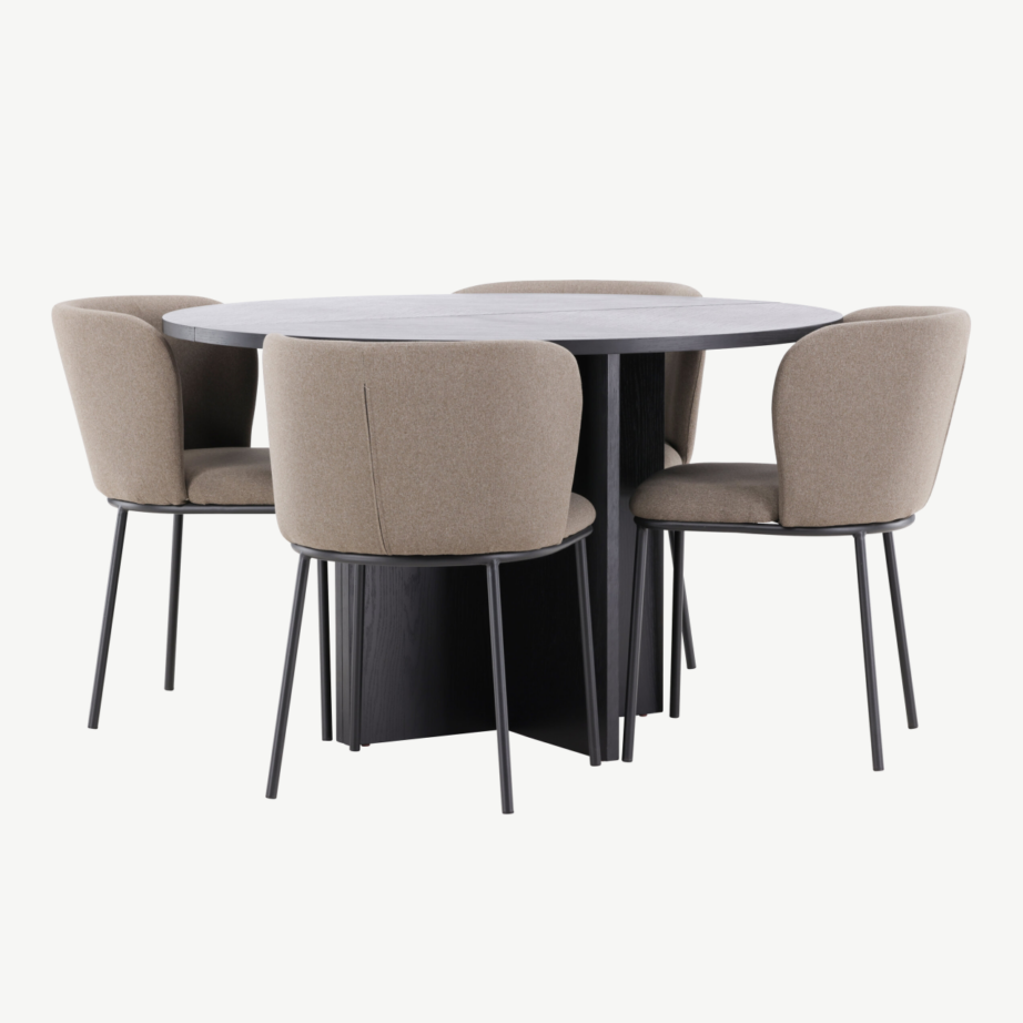 Ümmargune must söögilauakomplekt pikendatava lauaga ⌀120/170 cm ja 4 pruuni polüesterlinase kattega tooli (Strada, Edina), GR24727 – 6