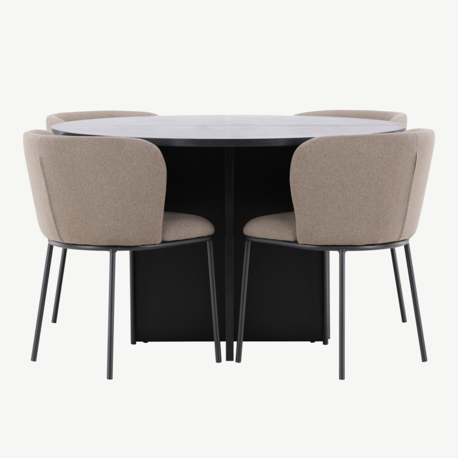 Ümmargune must söögilauakomplekt pikendatava lauaga ⌀120/170 cm ja 4 pruuni polüesterlinase kattega tooli (Strada, Edina), GR24727 – 7