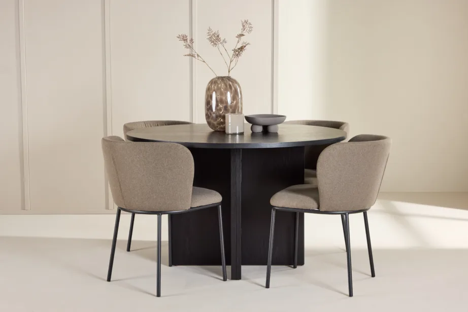 Ümmargune must söögilauakomplekt pikendatava lauaga ⌀120/170 cm ja 4 pruuni polüesterlinase kattega tooli (Strada, Edina), GR24727 – 8