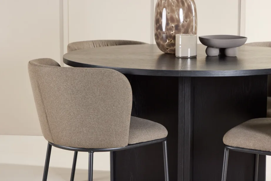 Ümmargune must söögilauakomplekt pikendatava lauaga ⌀120/170 cm ja 4 pruuni polüesterlinase kattega tooli (Strada, Edina), GR24727 – 9